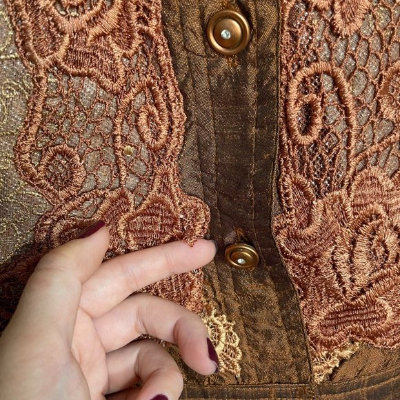 56% Silk Lace Beaded Jacket S Coldwater Creek Bronze Floral Metallic Button-up - Picture 13 of 16